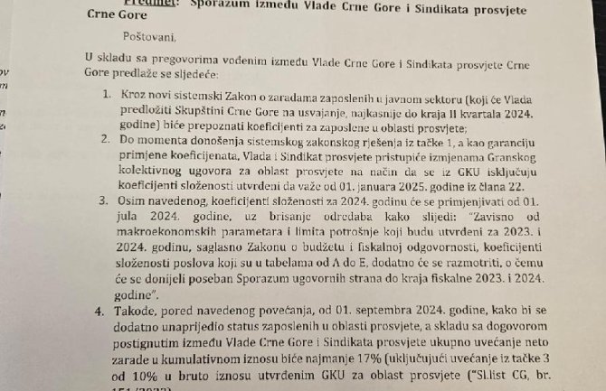 Vlada dostavila Sporazum Sindikatu prosvjete